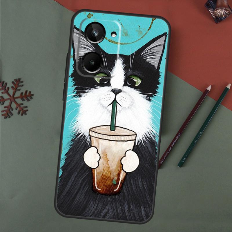 Cute Coffee Milk Cat Case For Realme C61 C53 C55 C33 C63 C51 C65 C67 C71 C75 11 12 13 14 15 Pro Plus GT6 GT7 Pro