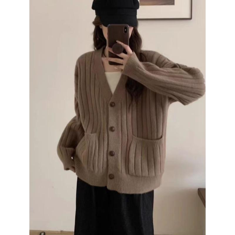 Autumn and Winter Women's Sweater Simple Casual Temperament V-neck Knitted Cardigan Female Loose Lazy Wind Sweater