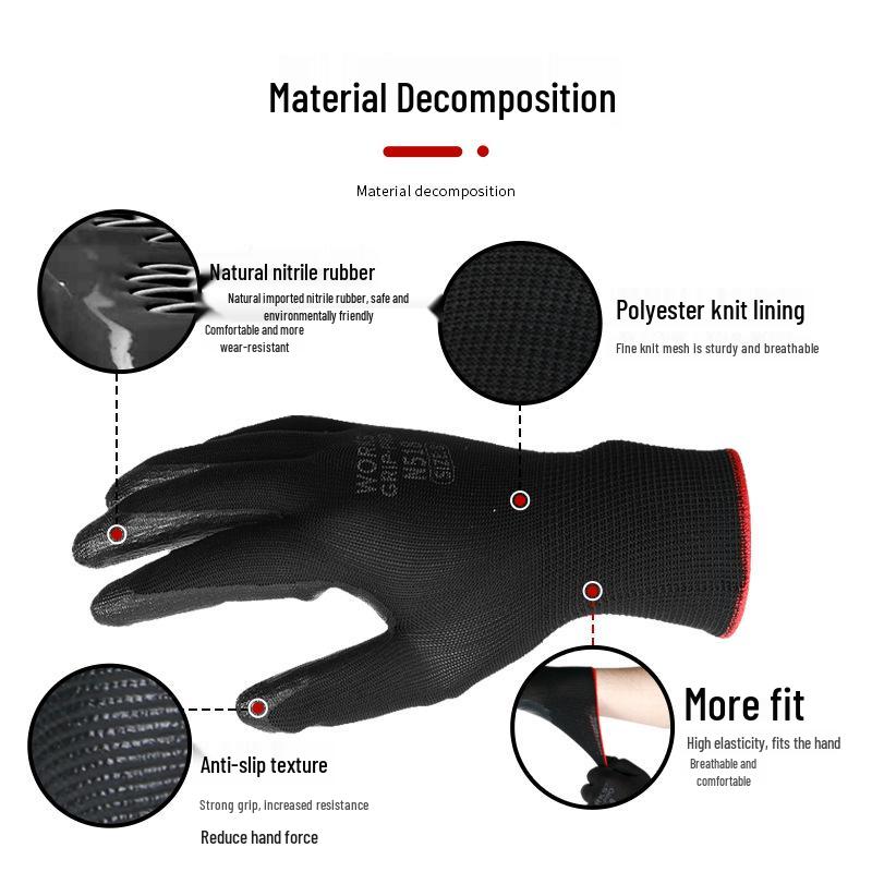 Wear-Resistant Nitrile Work Gloves - Anti-Slip, Breathable, Elastic, Rubber-Coated Construction Safety Gloves