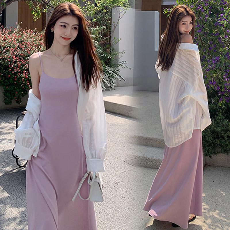 2026 Summer Korean Spaghetti Strap Dress & Sun Protection Shirt Set