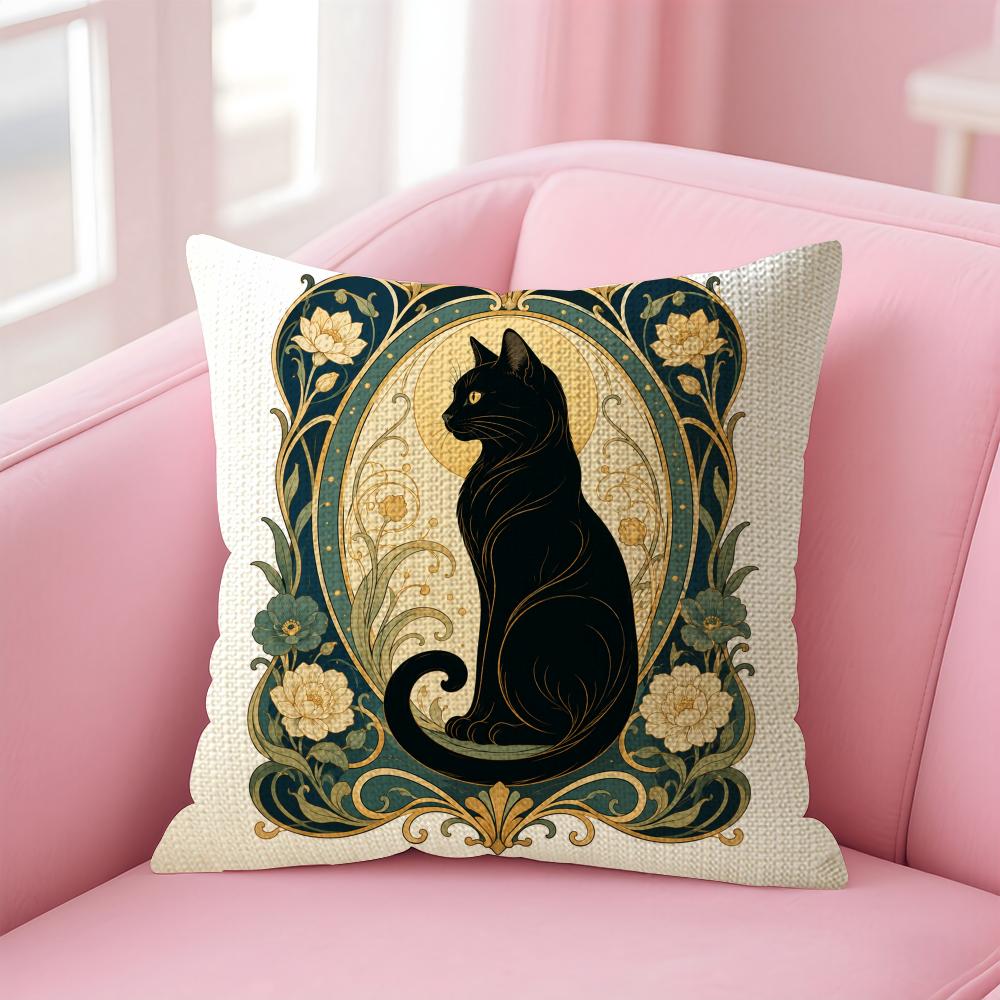 Retro Art Noble Black Cat Cushion Cover Linen Organic Fabric DoubleSided Printing Sofa Breathable Home Decor Gift Pillow Case