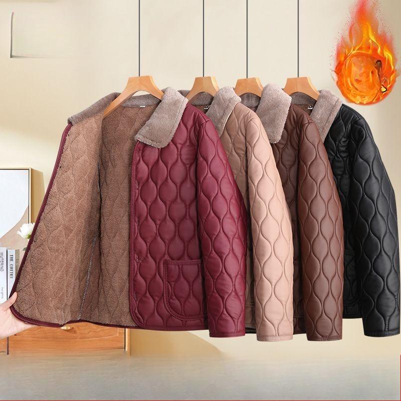 Elegant Women's Fleece Lined Thick Cotton Coat Turn Down Collar Warm Windproof Middle Aged Jacket