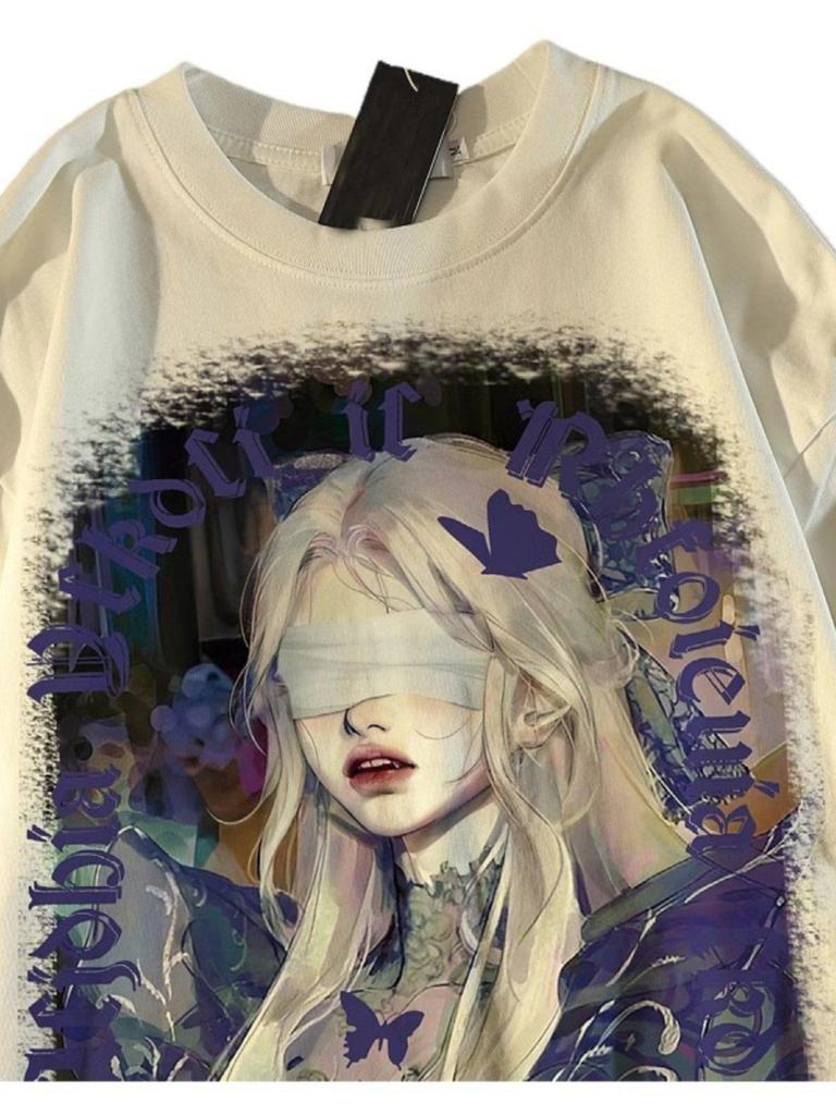 Unisex bawełniany T-shirt z nadrukiem postaci w stylu retro, Duże rozmiary, luźny krój, Modny streetwear dla par