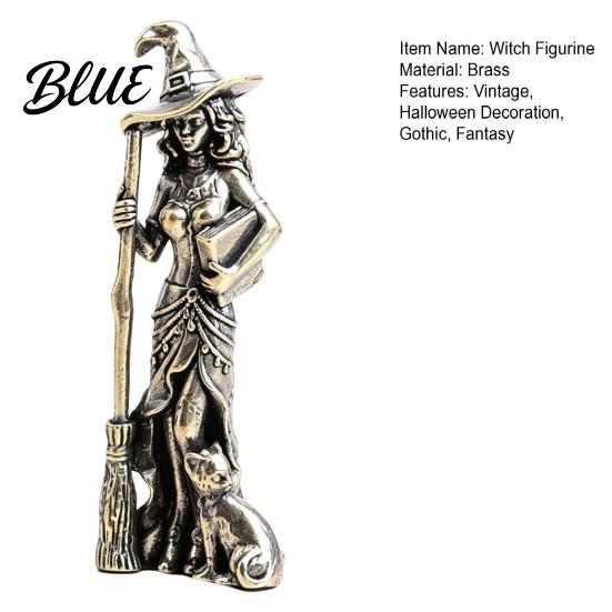 Gothic Tabletop Decoration Brass Witch Statue with Cat Vintage Metal Figurine Collectible Fantasy Retro Copper Tea Pet Halloween Desk Ornament