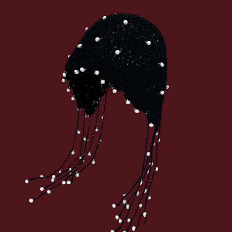 Fashion Handmade Weaving Hollow Out Beanie Hat Woman Autumn Hook Flower Korean Style Pearl Tassels Pullover Knitted Hat