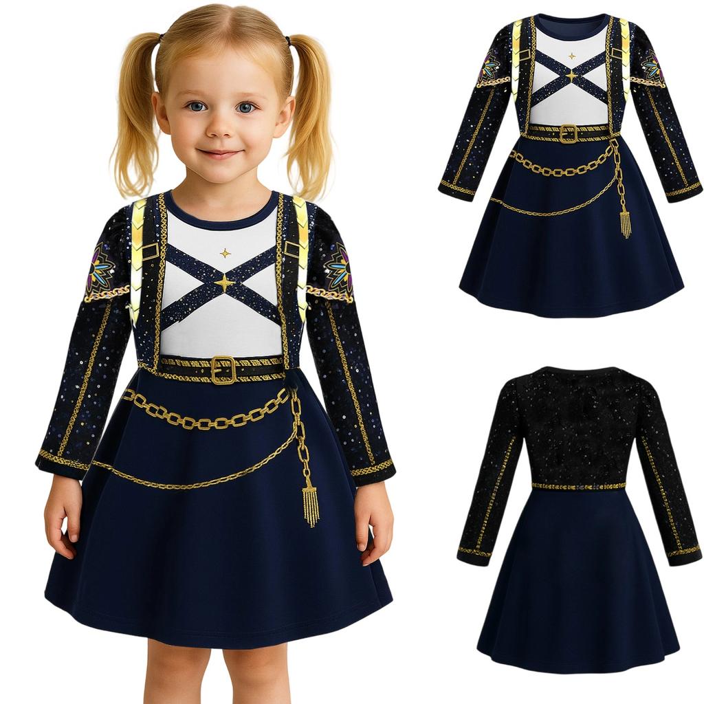 Kids Girls Casual Daily Dress Cute Cartoon Print Long Sleeves Dance Wear Princess Dress  2-12 Years