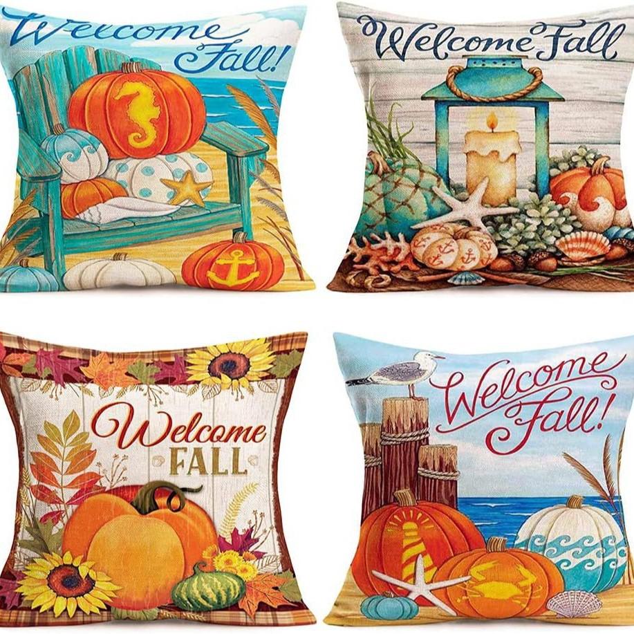 Autumn Harvest Pumpkin Letter Pillow Thanksgiving Flax Pillow Case Home Sofa Pillow Case