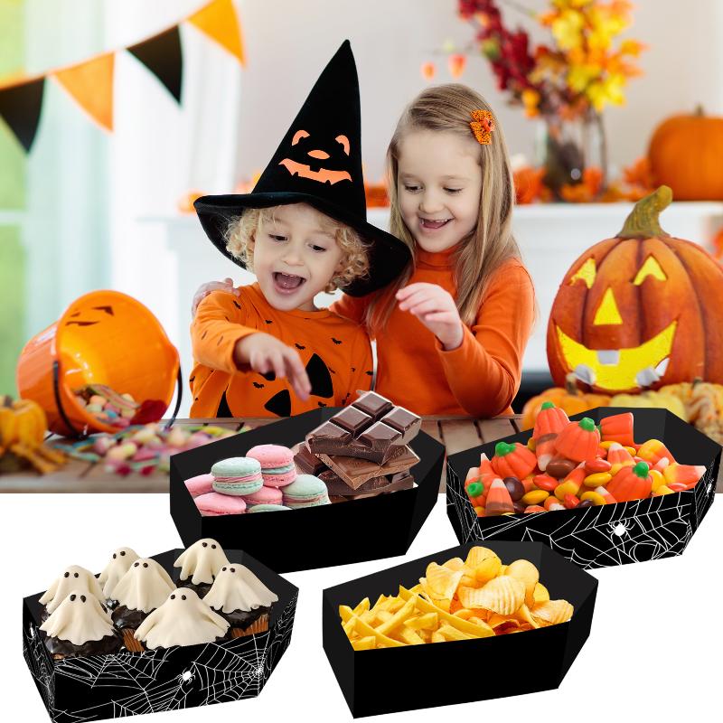 12Pcs Halloween Paper Food Serving Trays Black Horror Coffin Snack Cookie Gift Box Trick Or Treat Halloween Party Decor Supplies