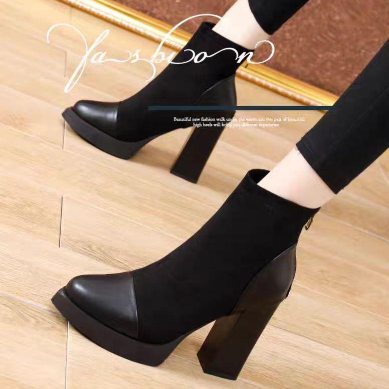 Women's High-Heel Platform Stretch Boots: Autumn/Winter Fashion, Ankle-Length, Thick Sole, Spliced Design.