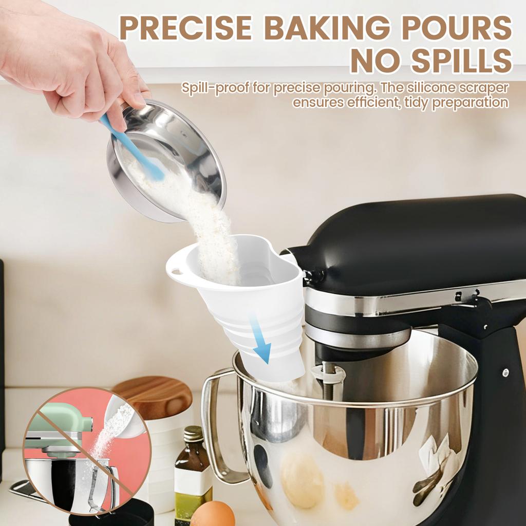 Silicone Flour Funnel Foldable Spill Proof Stand Mixer Flour Funnel with Scraper for Artisan Ksm150 5 Qt Tilt Head Stand Mixer