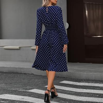 Damen Frühling Neue Elegante Polka Dot Langarm Kleid Reihe Taille A-Linie Kleine Swing Midi Kleider