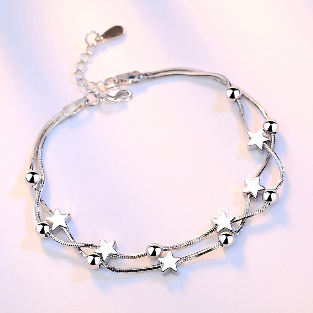 925 Sterling Silver Fashion Beaded Star Square Bracelet Gift Jewelry
