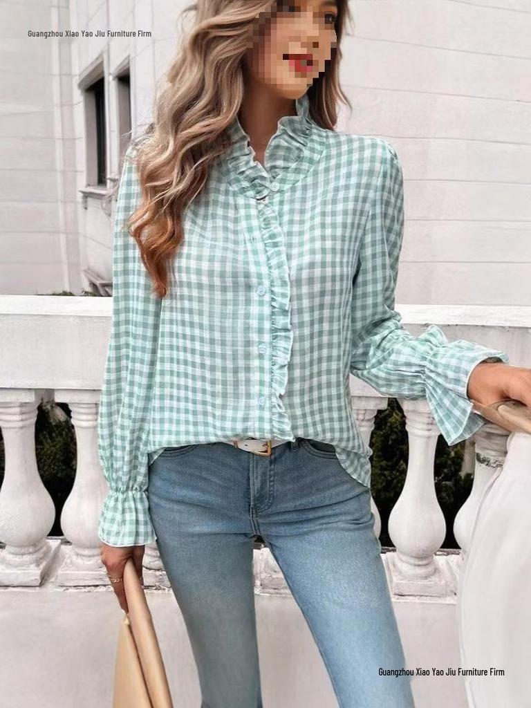 2026 Spring French Ruffle Plaid Women's Shirt - New Arrival