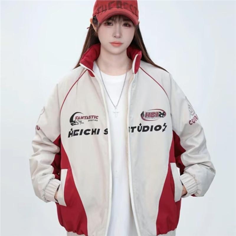 Unisex Retro Color Block Stand Collar Motorcycle Jacket - Trendy and Loose for Spring/Autumn