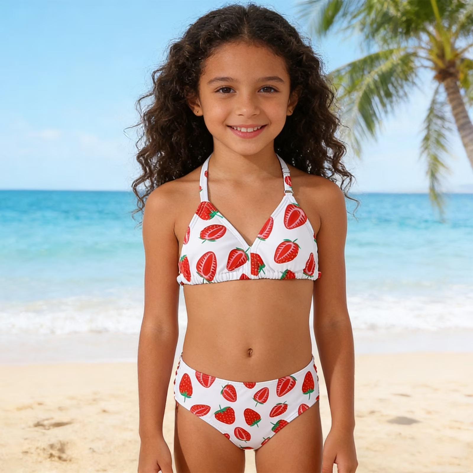 Girls Three Piece Bikini Swimsuit Set Strawberry Print Halter Neck Top Bottom and Skirt Swimwear for Kids Summer Beachwear 130 розовый