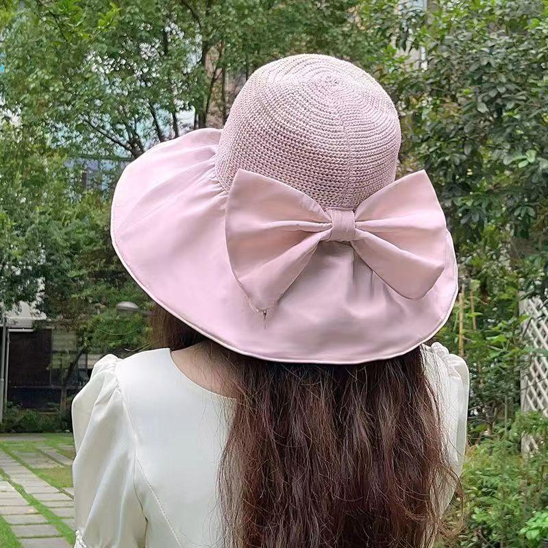 Summer Female Daisy Lace Bow Straw Hat Big Brim Sunshade Sunscreen Hat Fashionable Versatile Bucket Hat