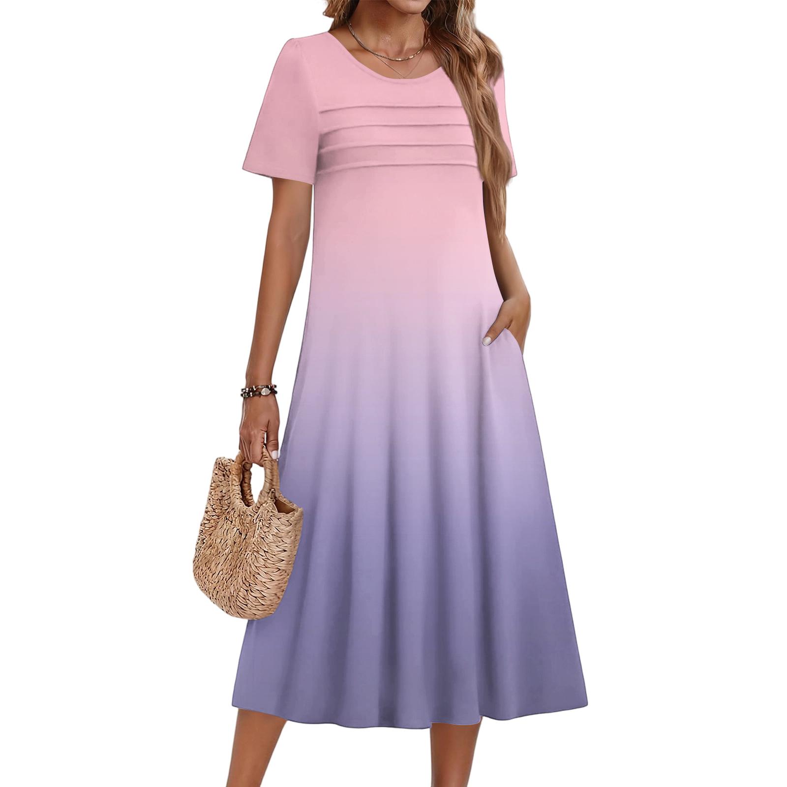 Ladies  Gradient Printed Casual And Fashionable Short Sleeved Round Neck Dress L