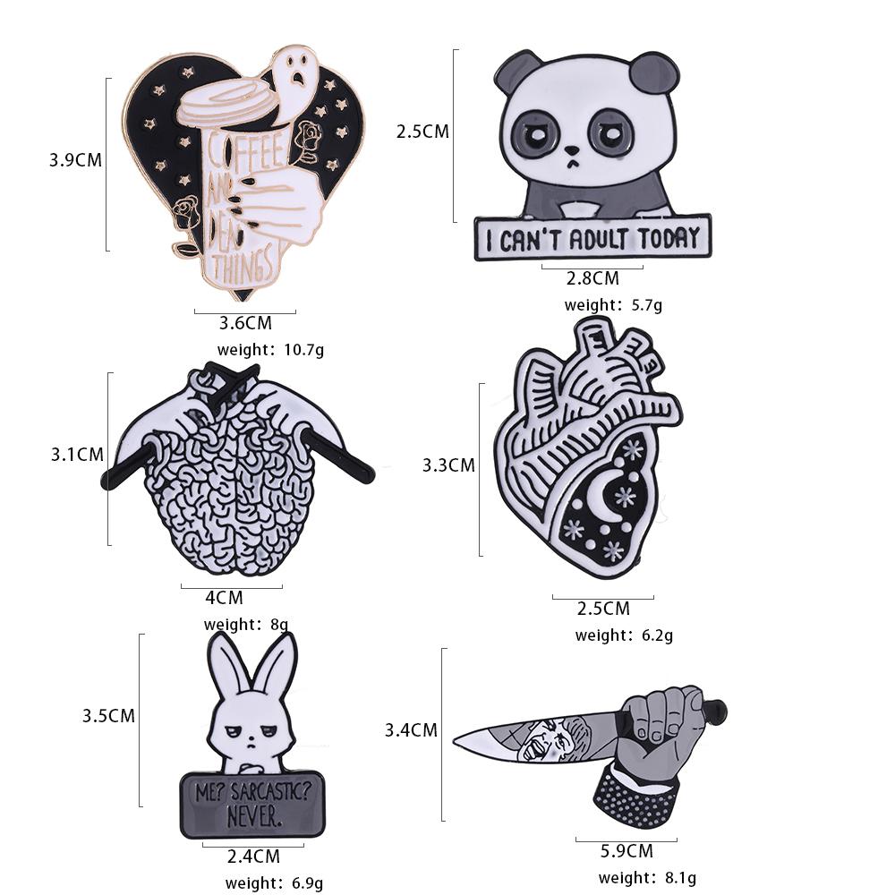 6Styles Goth Darkness Weave Brain Enamel Brooches Ticker Knife Panda Rabbit Sarcastk?Never Shaped Pins Ghost Coffee Heart Badge