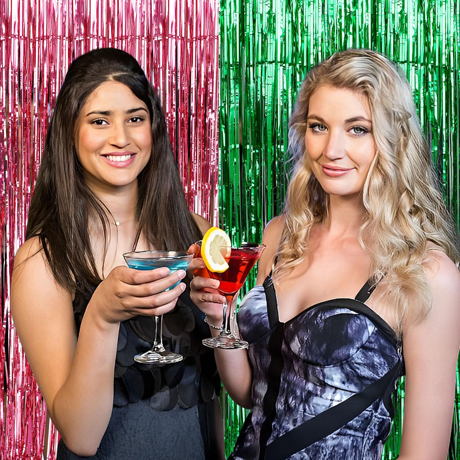 

4 Pack 3.28 X 8.2 Ft Green And Pink Tinsel Foil Fringe Curtain Glitter Streamers Backdrop Party Decoration For Wicked Themed Par