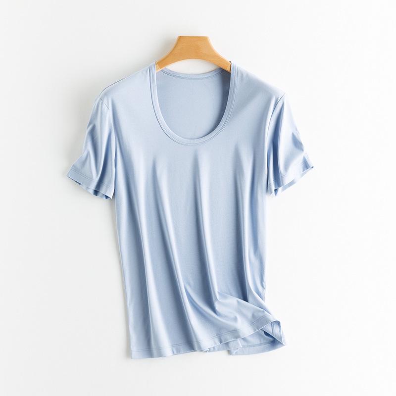 

Women s 2025 Tencel U-Neck T-Shirt, Cool Mercerized Cotton, Ice Silk, Mulberry Silk, Solid Color, Versatile Short Sleeve Mock Neck. M 75-105 lbs