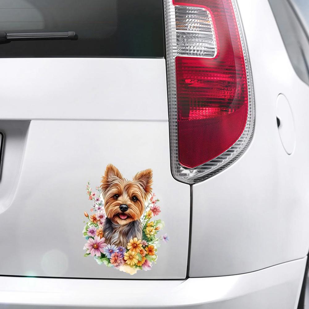 QT2028#15cm Yorkshire Terrier und Blumig Wasserdichter Auto-Dekorationsaufkleber, Geeignet für Autos, Laptops, Stoßstangen, Glasfenster-Aufkleber