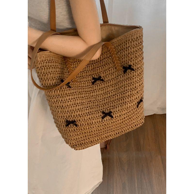 

Bow Woven Bag Women 2025 New Trendy Fashion Holiday Style Straw Bag Retro Large Capacity Tote Bag Khaki