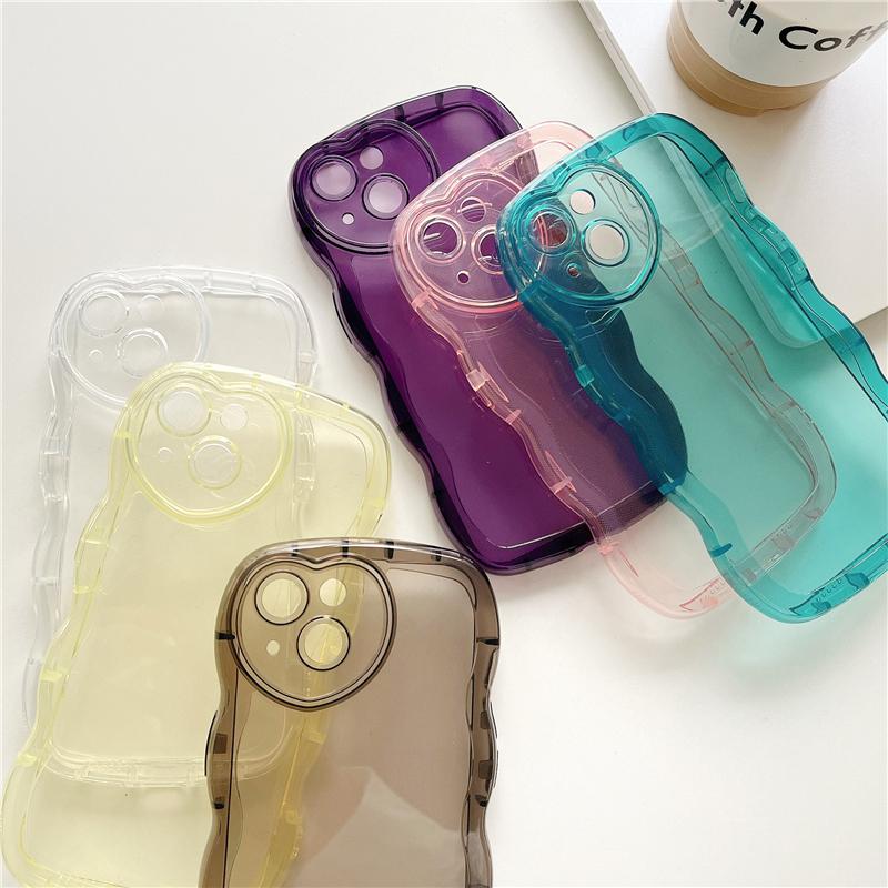 Transparent Curly Wavy Soft Case For iPhone 15 14 13 12 11 Pro Max X XR XS Max Love Heart Camera Protection Silicone Candy Cover