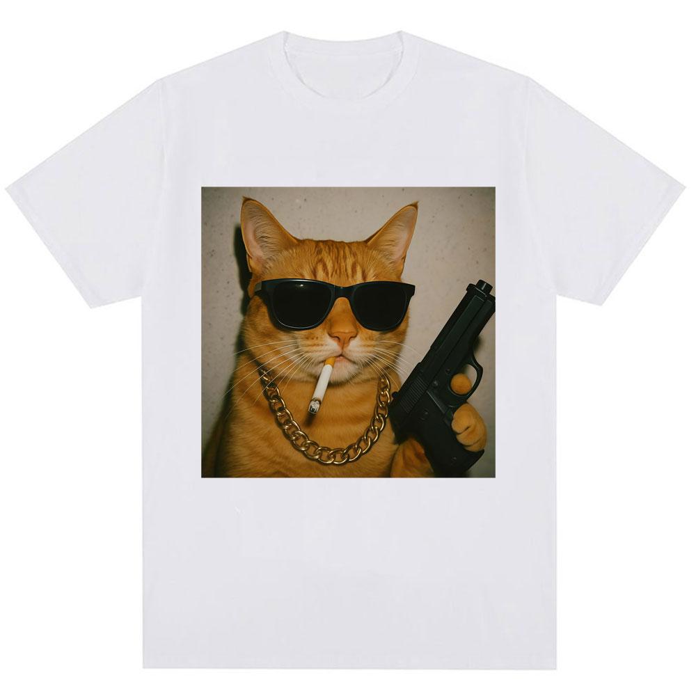 Funny Gangster Cat Fan Pattern T-shirt for Men and Women Cat Enthusiasts Retro T-shirt Casual T-shirt
