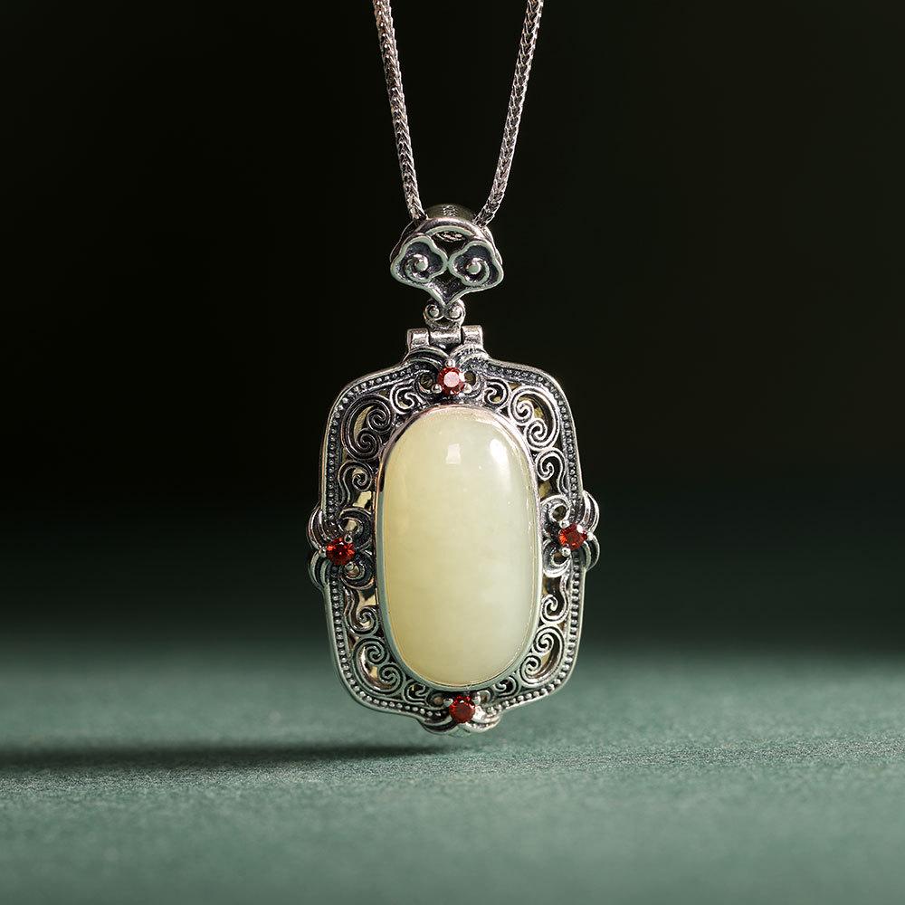 12-Piece Vintage Ethnic Style S925 Silver & Hetian Jade Pendant Set with Auspicious Cloud and Ga'u Box Design