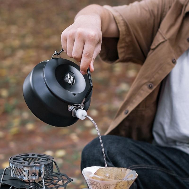 1 Litre Camping Kettle with Foldable Handle Fast Heating Gas Teapot Outdoor Lightweight Whistling Stainless Steel Kettle