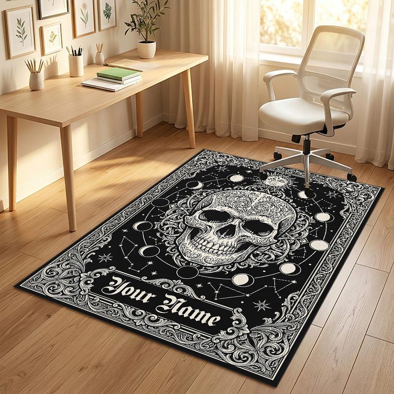 Ethereal Skull Theme Soft Crystal Velvet Rug Custom Name & Text Print Non Slip Floor Rug for Bedroom Living Room