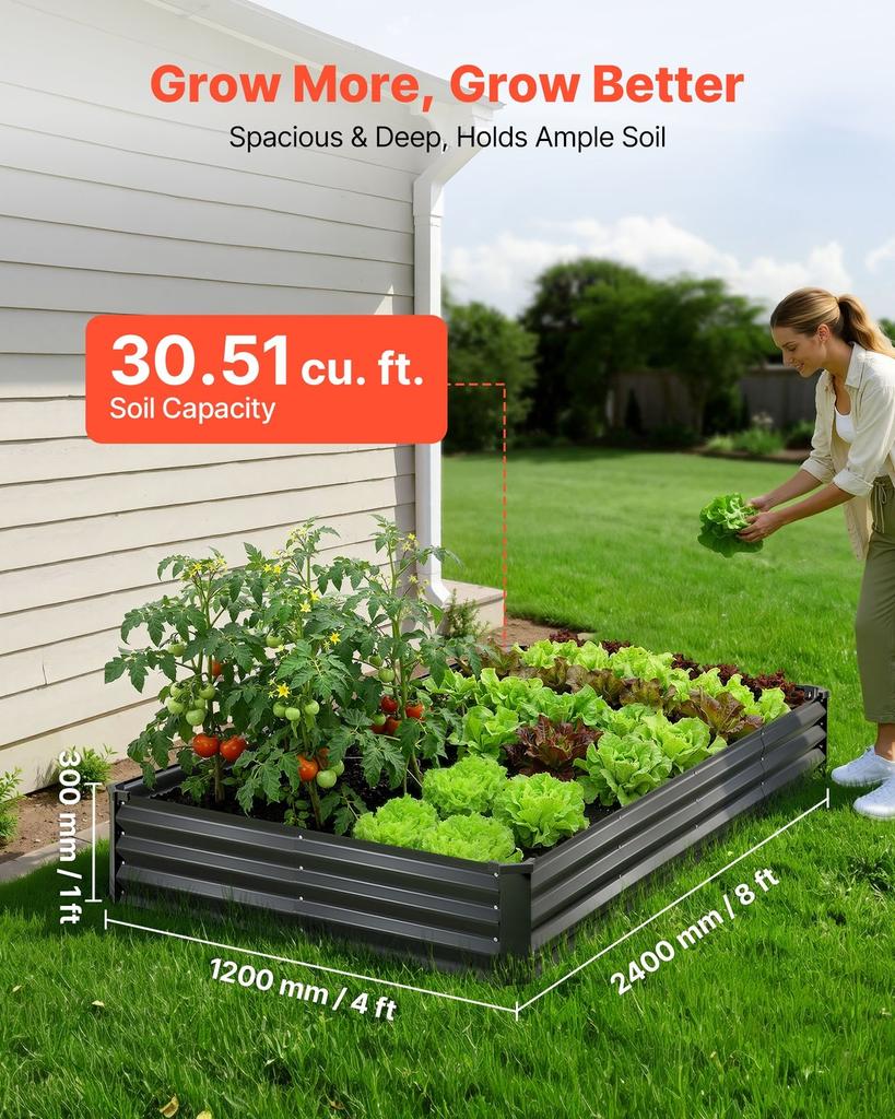 2 Pack Galvanized Raised Garden Beds, 2400 x 1200 x 300 mm, Rectangular Metal Planter Boxes Kit Outdoor, Elevated Planting Box with Gloves, Alu-Zinc,