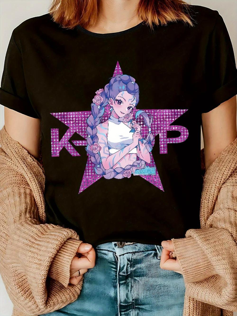 

Women s Casual Crew Neck T-shirt K-pop Graphic Print Short Sleeve Loose Fit Round Neck Spring/summer/fall Fashion Top 3XL