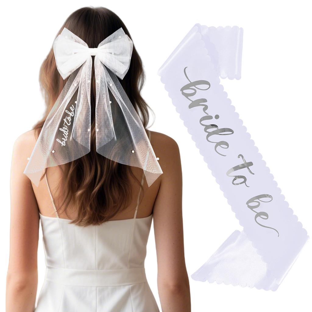 2026 Fashion Bridal Bow Embroidery Hairpin Pearl Hot Silver Shoulder Strap Bachelor Party Super Fairy Mesh Set