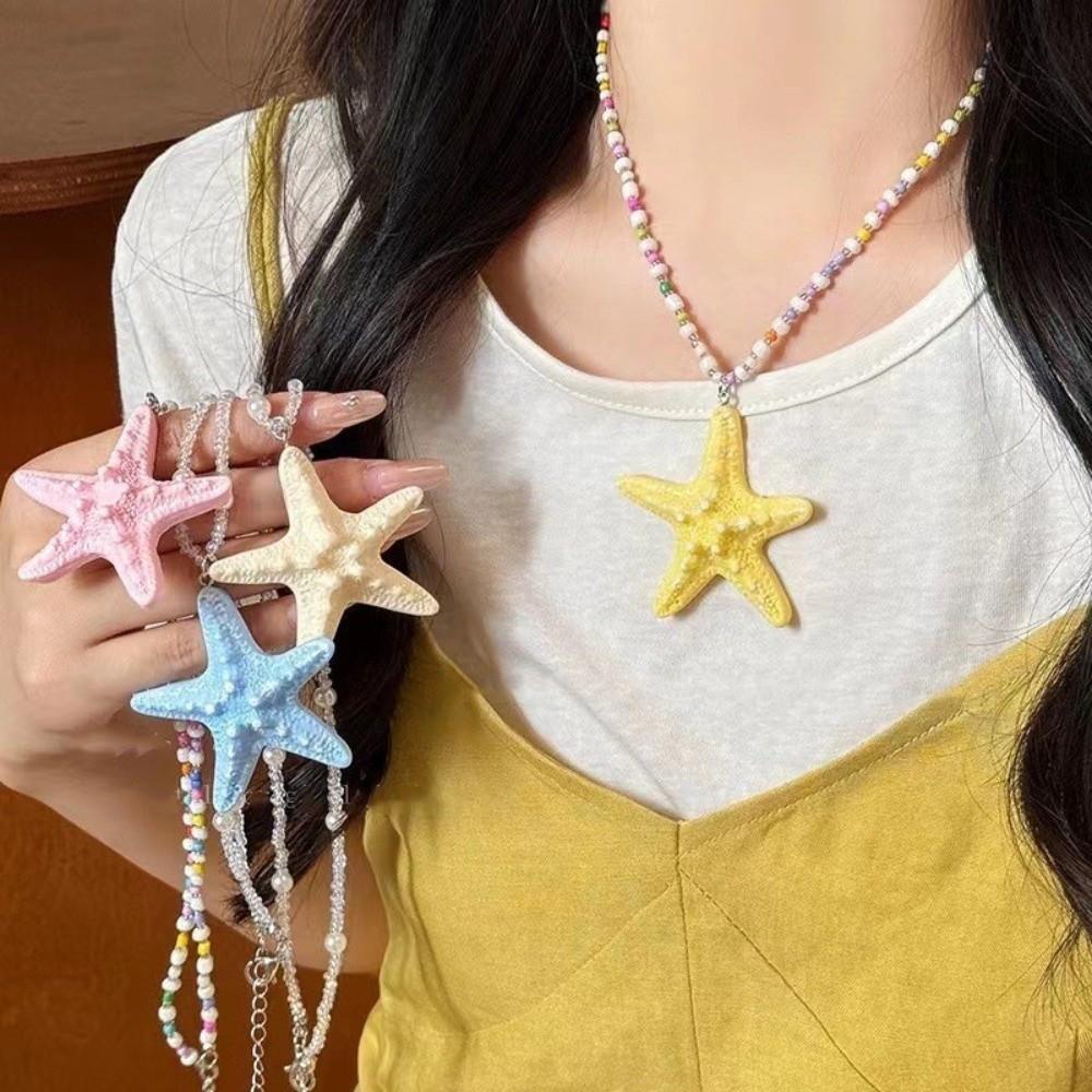 

String Design Beaded Chain Necklace Bohemian Style Clavicle Chain Starfish Pendant Necklace Women