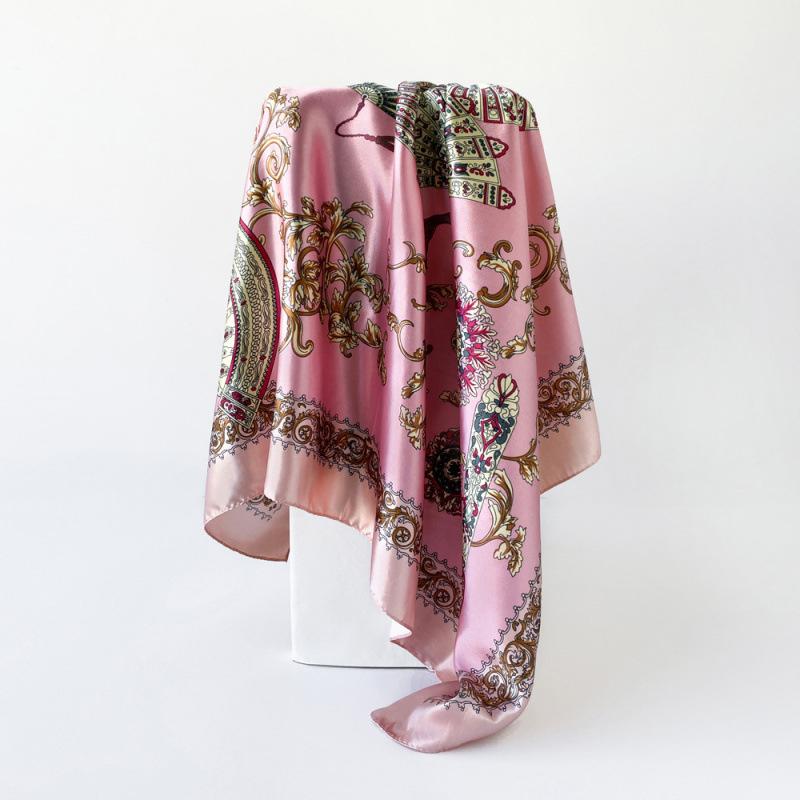 Silk Scarf Large Square Scarf Women's High-end Silk Scarf Fan Printed Scarf Beige Headscarf