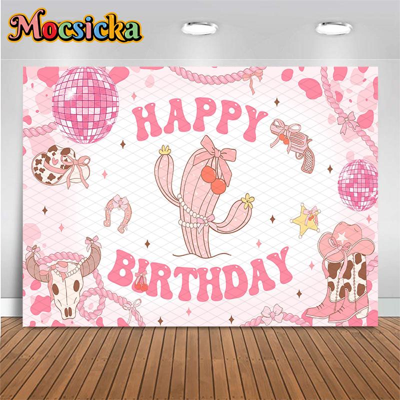Mocsicka Pink Western Cowgirl Happy Birthday Photography Backdrop Cactus Cowboy Boots Background Cloth Girls Party Photo Booth