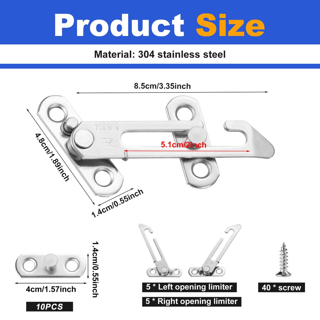 10Pcs Stainless Steel 304 Window Restrictors Locks Child Safety Window Opening Restrictors Security Locks Security Locks
