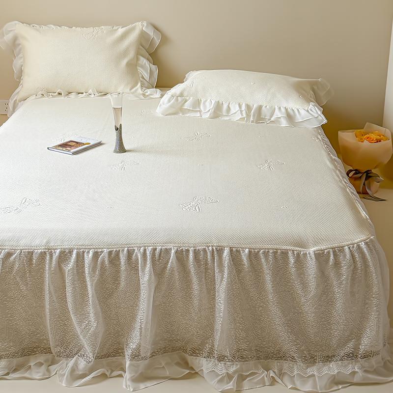 

Romantic French Lace Ruffle Bed Skirt Ice Silk Cool Mattress Cover Summer Cool Mat Pillowcases Black Technology Fiber 150X200cm 3pcs