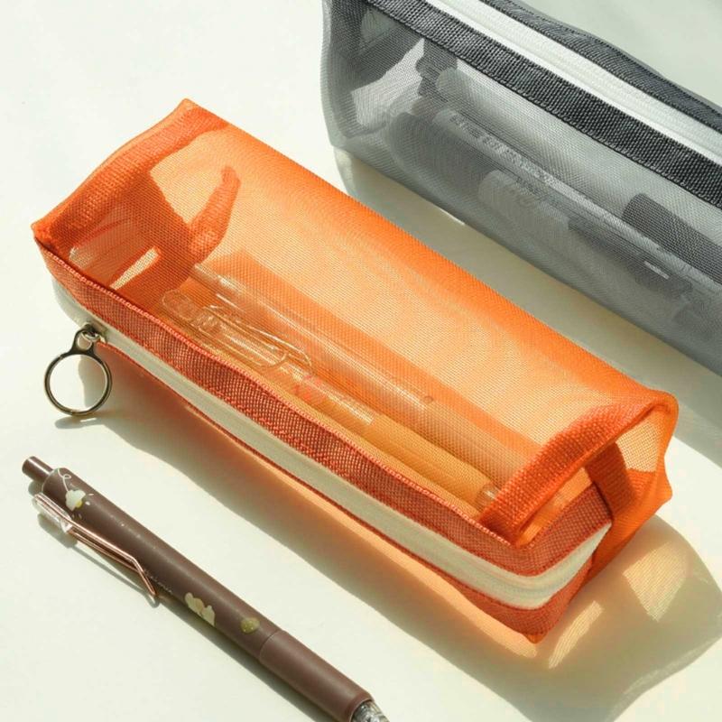 Cute Transparent Pencil for Case Mesh Makeup Storage Holder Pouch Solid Color for Travel Cosmetics Stationery Small Craf