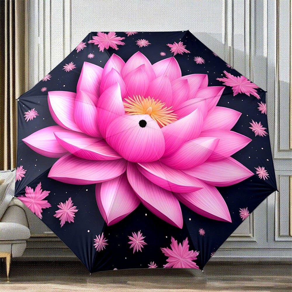 

Open/Close Portable Folding Umbrella with Large Pink for Lotus Flower Design on Dark - Compact Travel Umbrella for &, 8-Rib St (as the picture,Iron&8K)