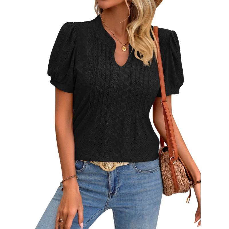 Dámský jarní a letní jednobarevný výstřih do V s volným tričkem s krátkým rukávem