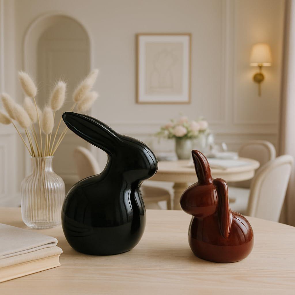 Home Decor Ceramic Rabbit Figurines (Set of 2, Black and Brown)