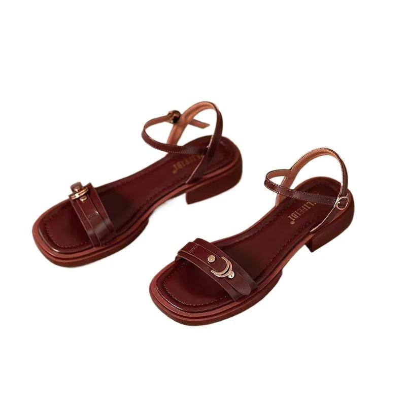 Fashion 2025 Summer Women Sandals Fashion Leather Buckle Concise Office Low Heels Plus Size Ladies Casual Outdoor Shoes