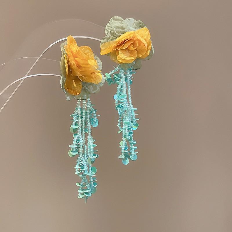 Silver needle chiffon flower fringed stud earrings sweet Mori dopamine earrings niche trend versatile earrings fashion women