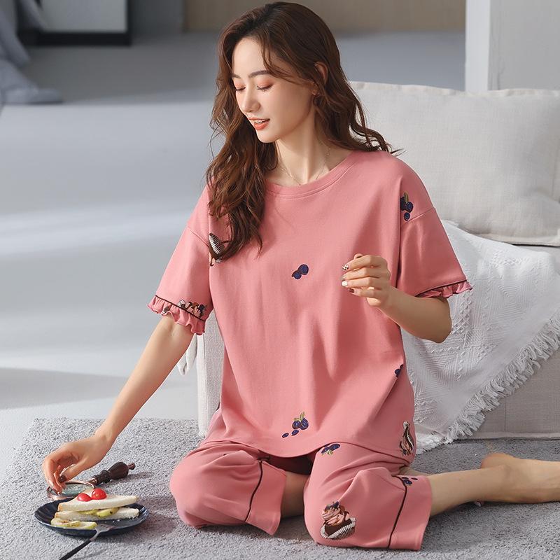 Sommerpyjamas aus Baumwolle, Heimkleidung für Damen, Rundhalspullover, lässig, bequem, Neun-Hosen-Pyjama-Set