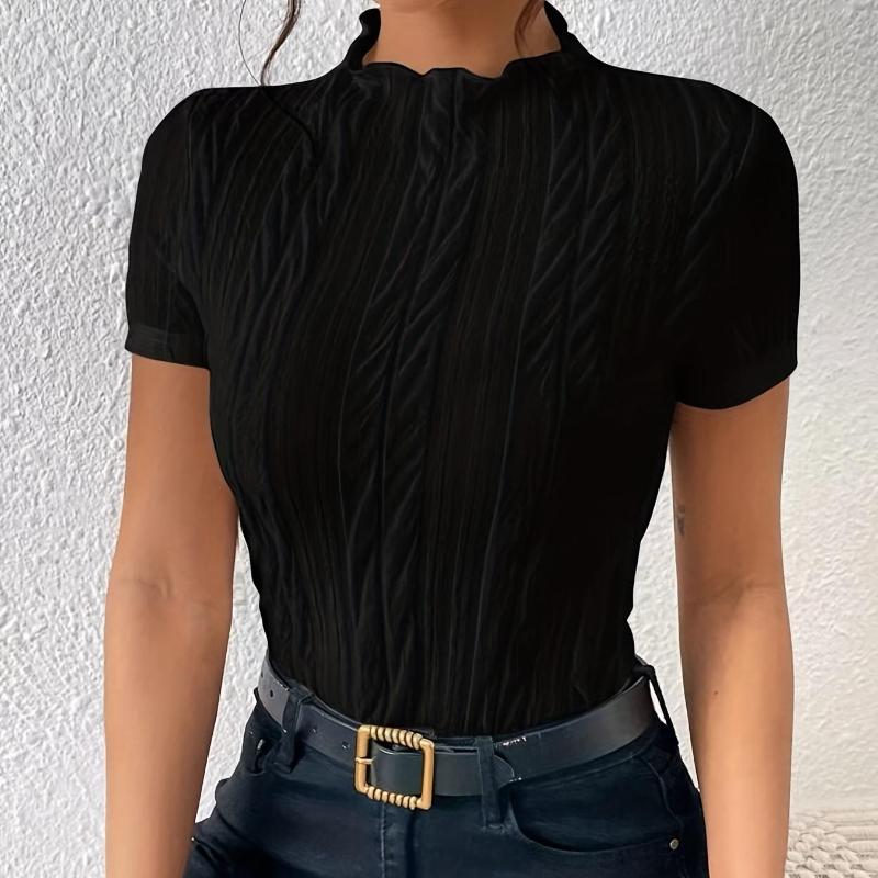 Teksturowany T-shirt z dekoltem w serek, swobodny top z krótkim rękawem na wiosnę i lato, odzież damska