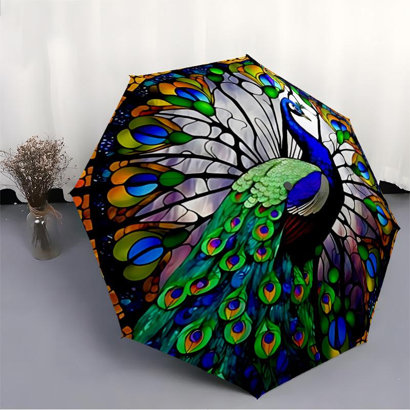 1pc Peacock Spreading Its Tail Pattern Automatic Folding Umbrella, Lightweight Retractable Compact Travel Umbrella, 8-Rib Sturdy Frame137