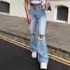 Women Button High Waist Pocket Elastic Hole Jeans Trousers Loose Denim Pants