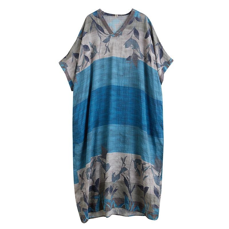 Real Summer New Color Vacation Style Travel V-neck Retro Long Dress Covering Meat Cotton and Linen Dress Women's Clothing